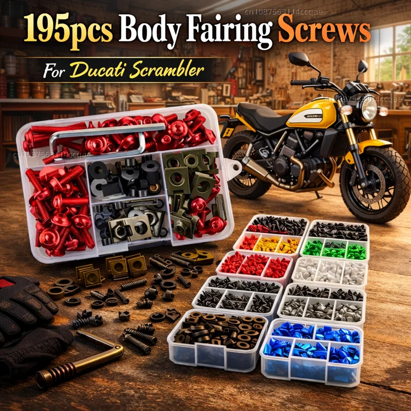 195 Stück Motorrad-Verkleidungsschrauben, Karosserieschrauben, Muttern für Ducati Scrambler 400 800 1100 2014–2019, Kit aus Aluminium, CNC-Befestigungsclips