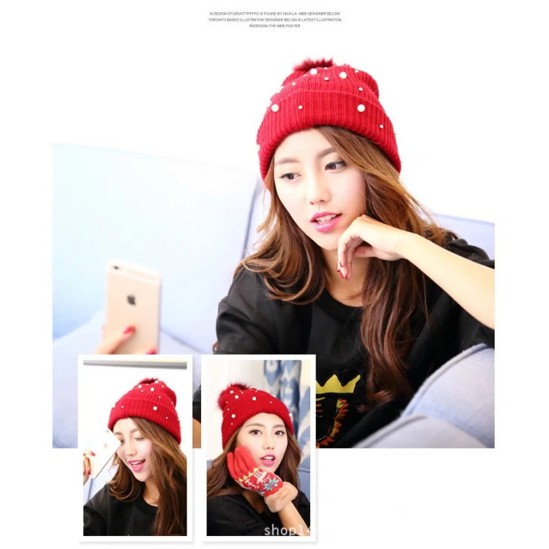 Korean Style Surrogate Shopping Autumn and Winter Pearl Rivets Wool Hat Korean Style Campus Zaihuile Knitted Hat Thick Warm Wome