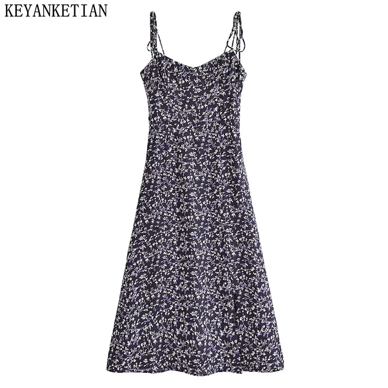 

KEYANKETIAN 2024 New Launch Pastoral style Flower Print Halter MIDI Dress Women's Spaghetti Strap Bandage Slim Side Split Dress