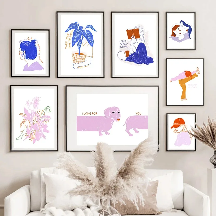 Messy Hair Book Girl Longdog Cat Girl Baseball Cap Girl Simplicity of Line Fashion Wall Art Canvas Painting Nordic Poster Dec