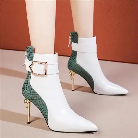 Winter Black Soft Leather Women's Boots Retro Belt Buckle Pointed Toe  Boots Side Zipper High Heels Shoes for Women Party