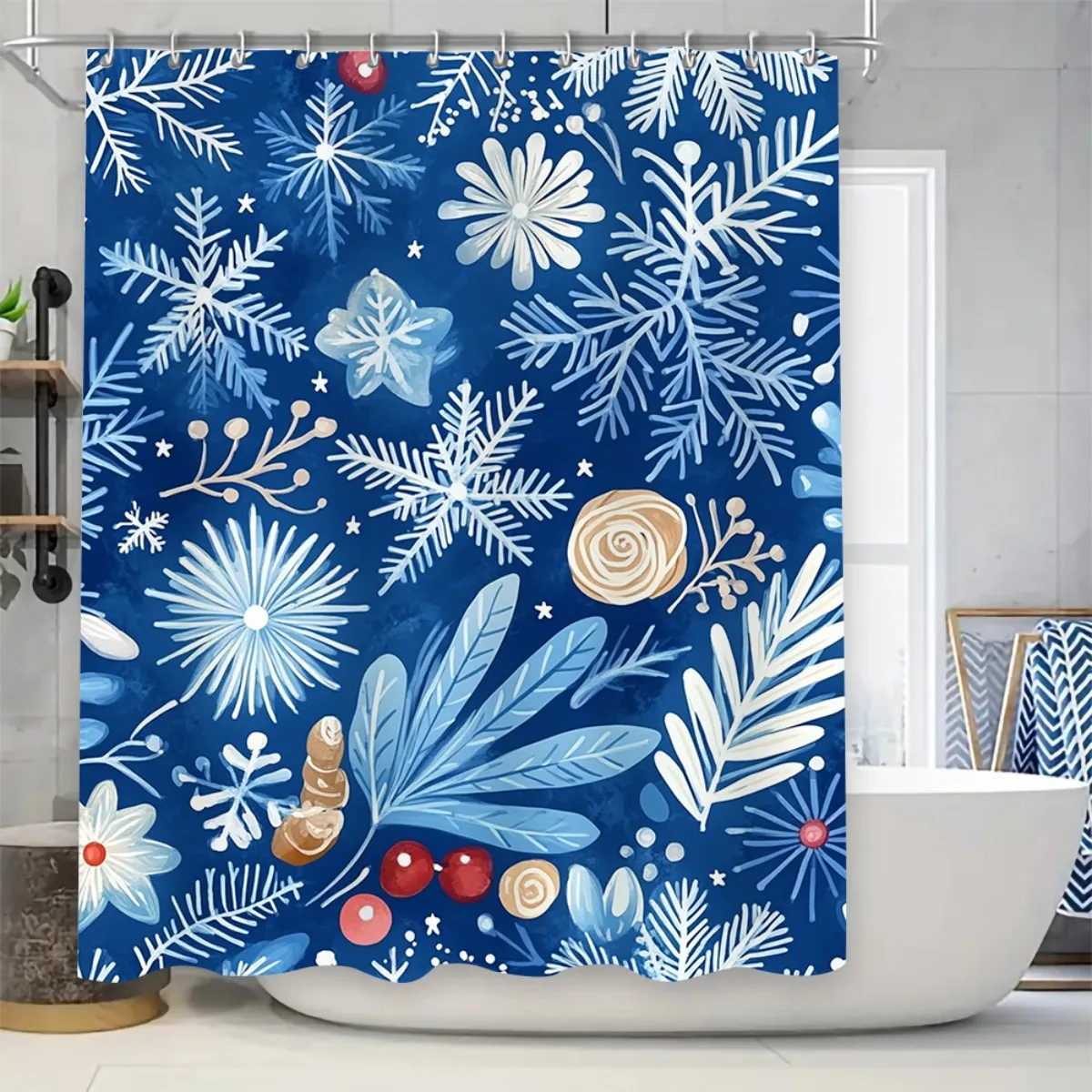 4pcs  Christmas Bathroom Set - Blue Floral Snowflake Shower Curtain with Non-Slip & Toilet Lid Cover, Durable Plastic Bath