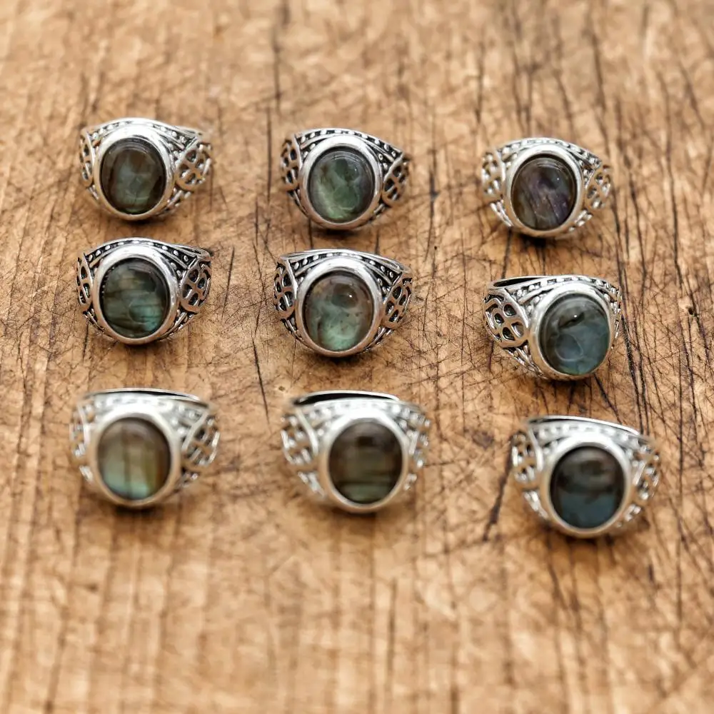 1 pcs Vintage Natural Stone Ring Antique Jewelry Labradorite Rings for Women Men Wedding Engagement Adjustable