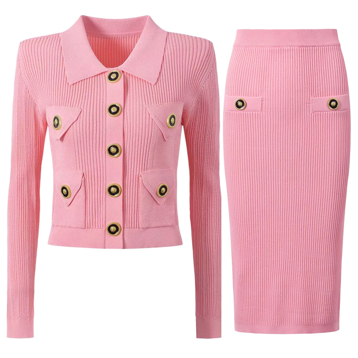 

High Quality New Fashionable Elastic Lapel Pocket Long Sleeved Big Button Cardigan Slim Fit Skirt Casual Commuting Women's Suit
