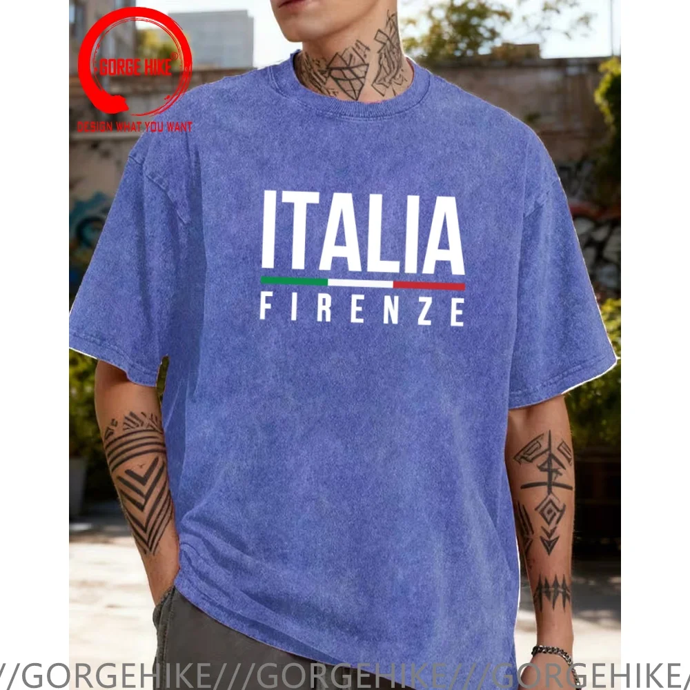 Camiseta Vintage de Algodão Lavado Engraçada Designer Firenze Itália Camiseta Masculina Moda Casual Estilosa