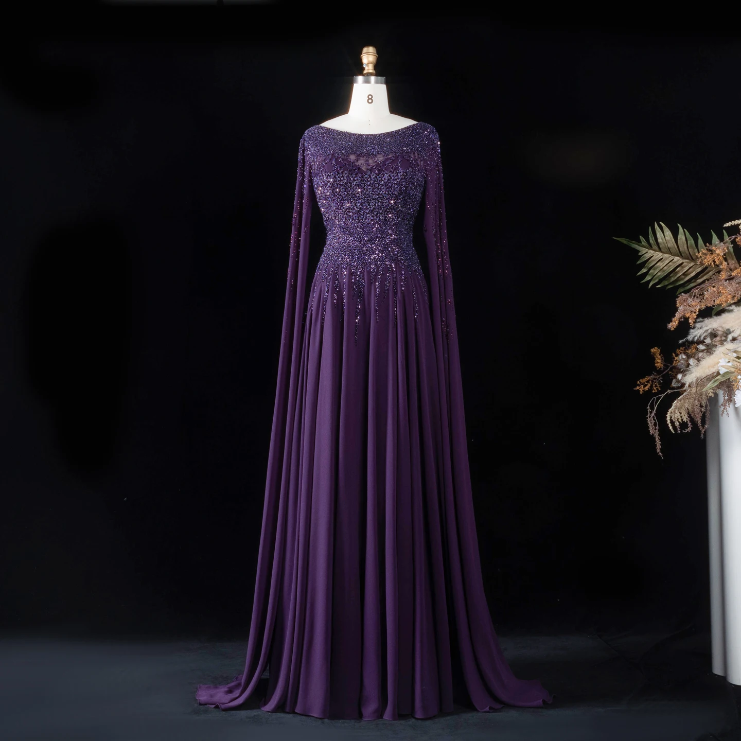 Sharon Said Abendkleid Luxuriöses A-Linien-Kleid mit Pailletten, Cape-Ärmeln und Perlen für Hochzeit, Abschlussball, Dubai, formelle Party, Ballkleid SS105, maßgeschneidert – Detail 13