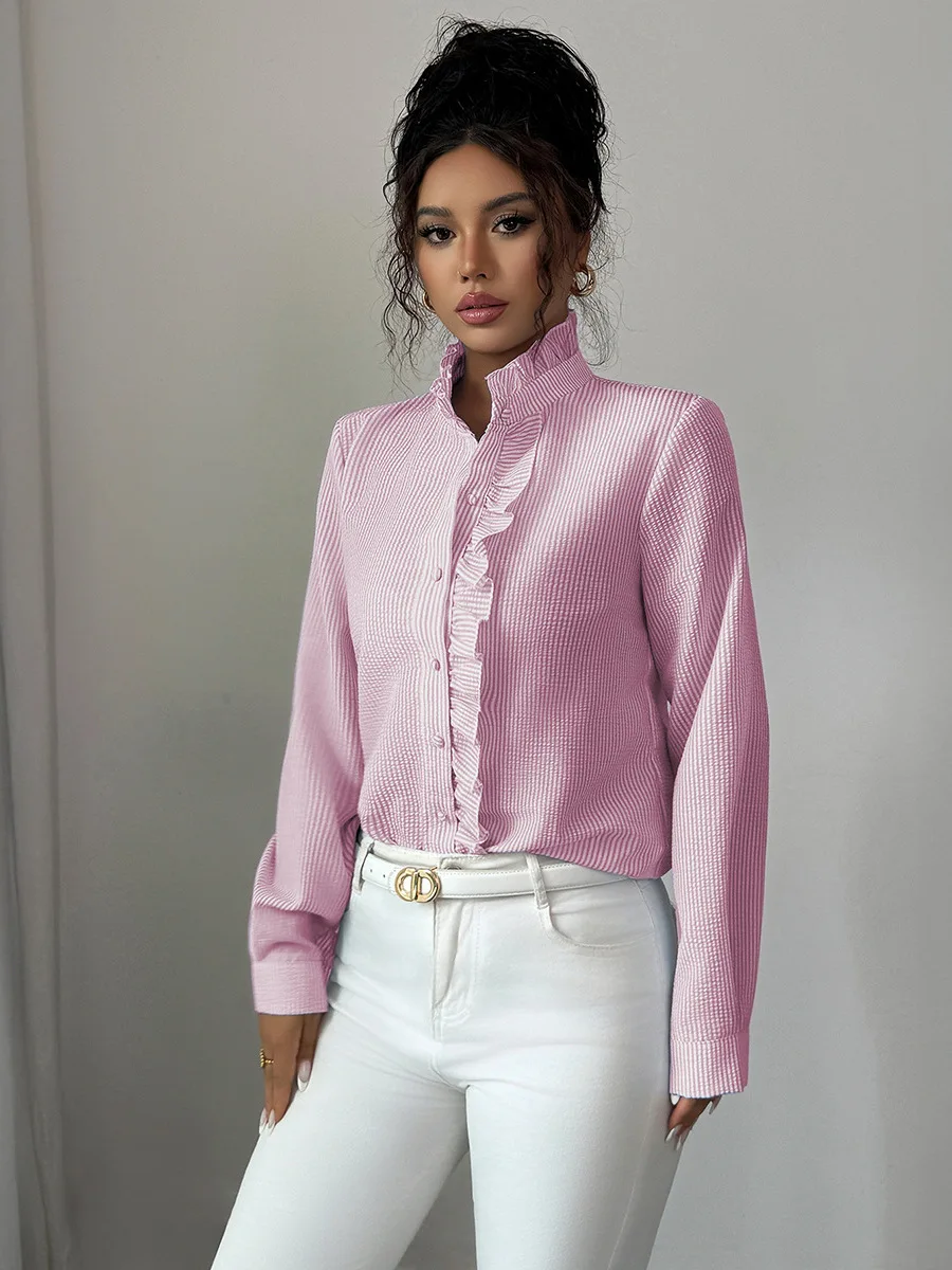 Faionable مخطط طويل Sve المرأة irt الوقوف الياقة Ele Sle عادية الرياح الإنتاج الصيني مجموعة الصيف #4