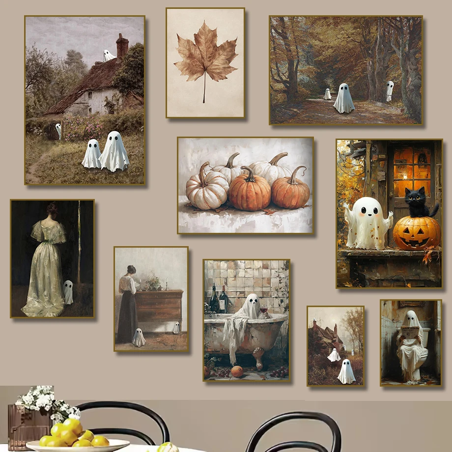 Gruselige Geister Leinwanddruck Herbst Halloween Wald Blumen Wandkunst Poster Modernes Wohnzimmer Landhaus Heimdekoration