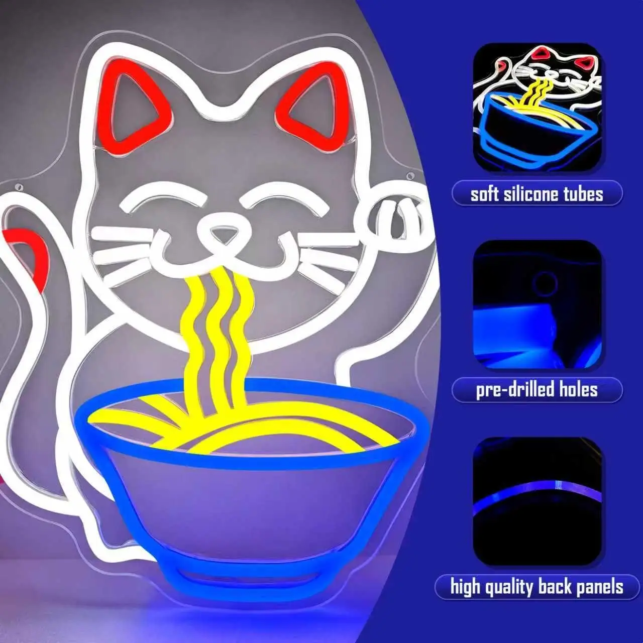 Lucky Cat Eating Ramen Noodle Neon Sign LED Light For Japanese Ramen Shop Anime Bedroom Dining Kitchen Restaurant Wall Decor