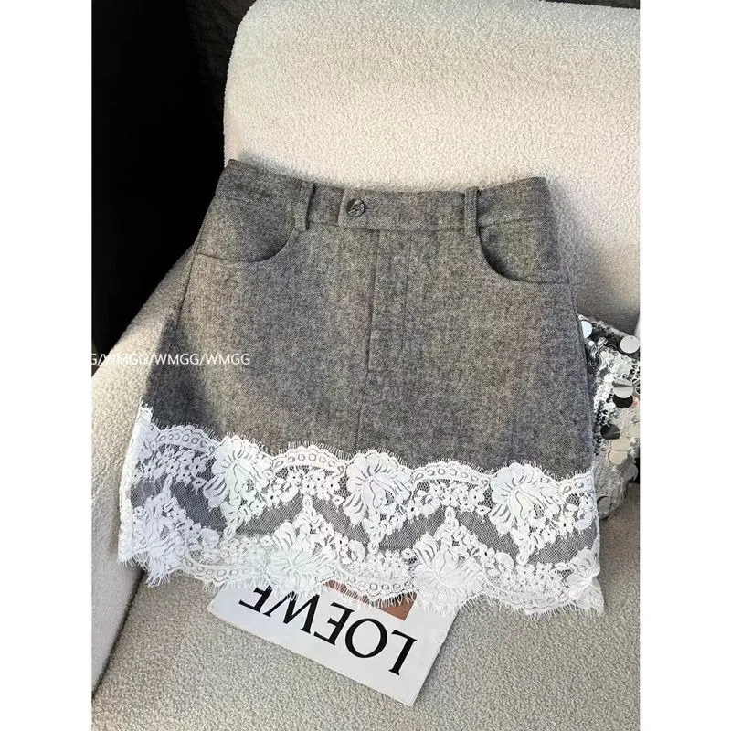 

2025 Autumn Winter High Waisted A-Line Skirt Women's Lace Trim Wool Blend Pencil Skirt Slim Fit Office Wear Female Clothing
