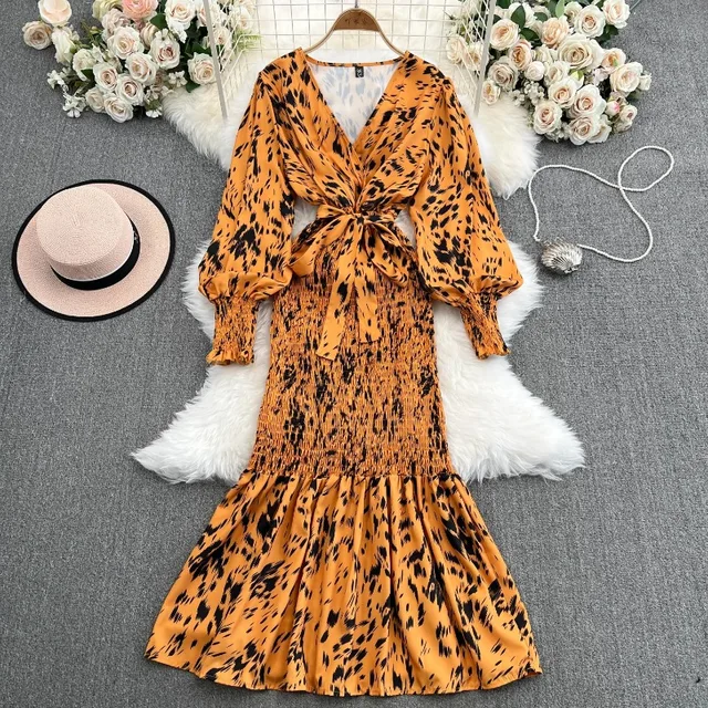 Retro Sweet V Neck Slim Lace-up Print Autumn Summer Elegant Elastic Dress A-line Long Sleeve Vacation Women Mermaid Dresses