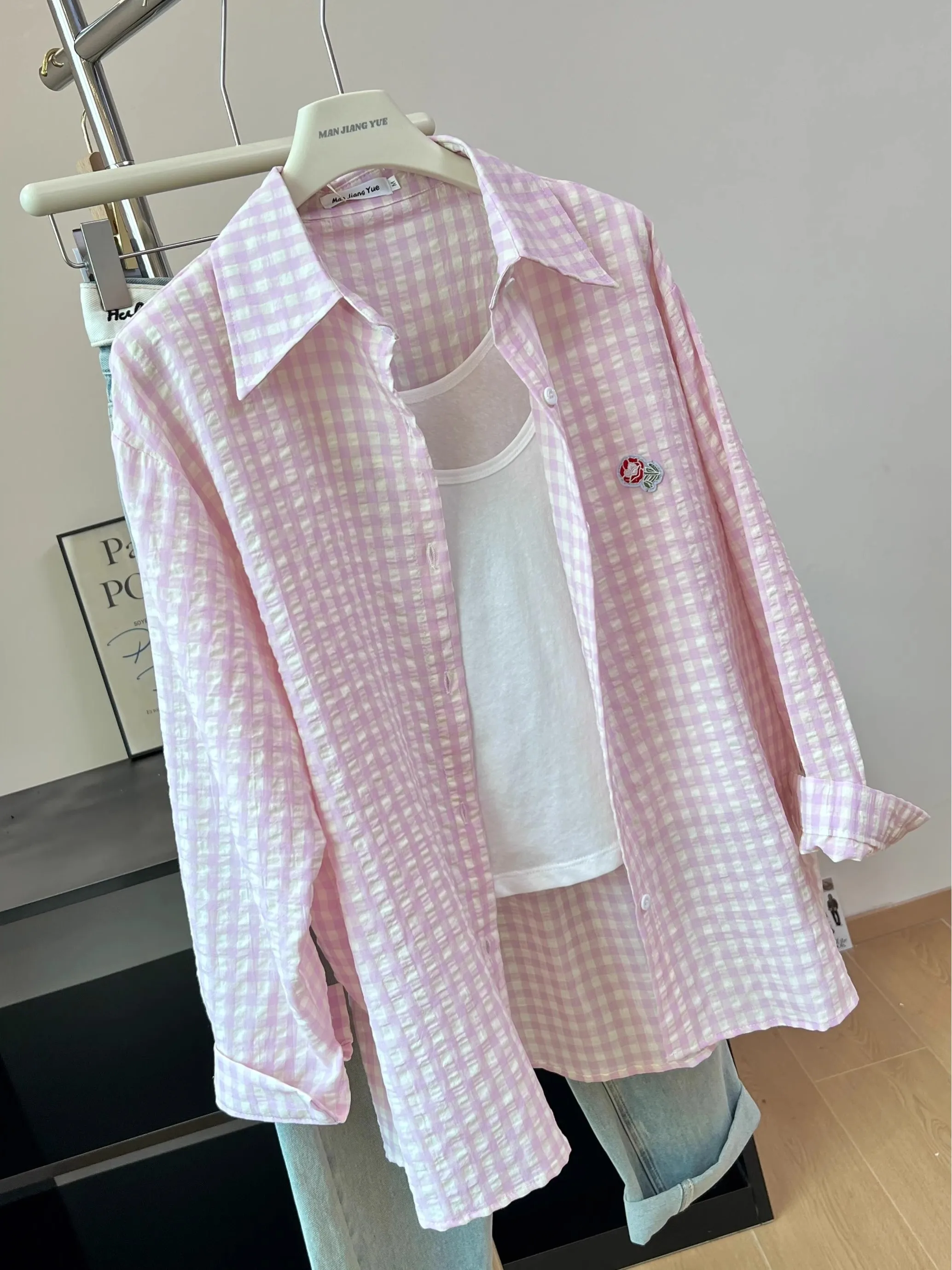 

Синяя клетчатая рубашка с длинным рукавом, летняя, тонкая, с защитой от солнца, свободного кроя, с воротником, на пуговицах, женская модная повседневная блузка