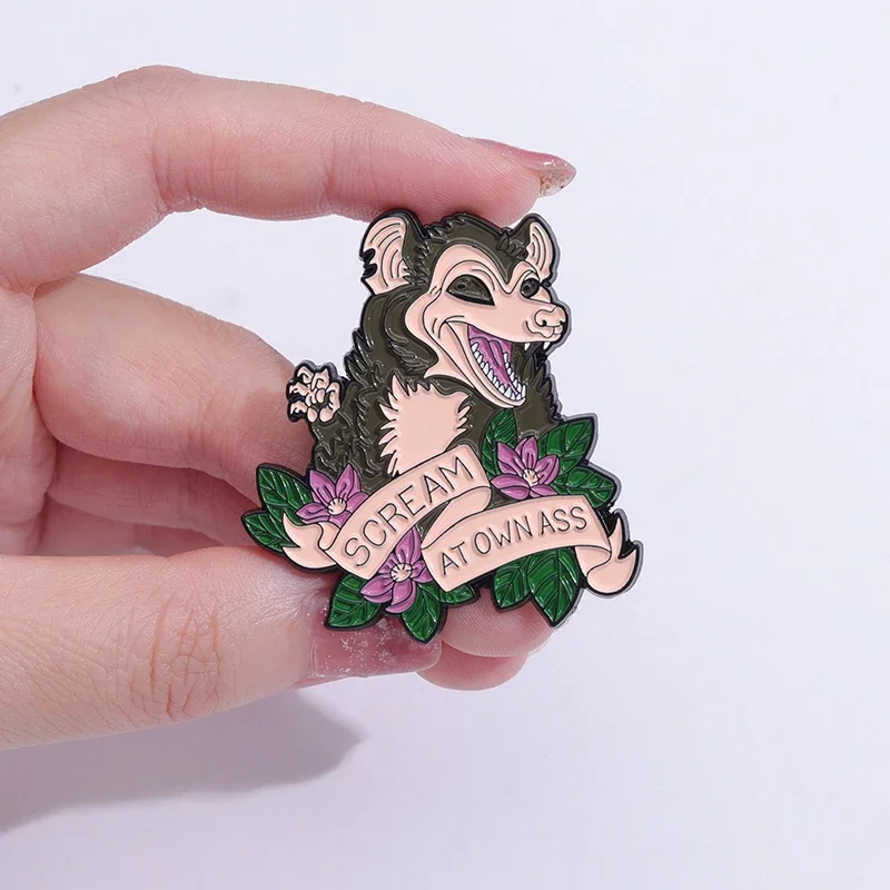 Scream At Own Ass Enamel Pins Opossum Bucktooth Live Fast Eat Trash Animal Brooches Lapel Badges Funny Jewelry Gifts Wholesale