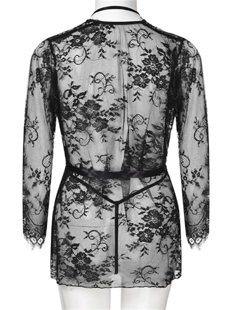 Women\'s Sexy Long-sleeve lace see-through robe nightwear ladies floral embroidery Lingerie sexy Black robes underwear