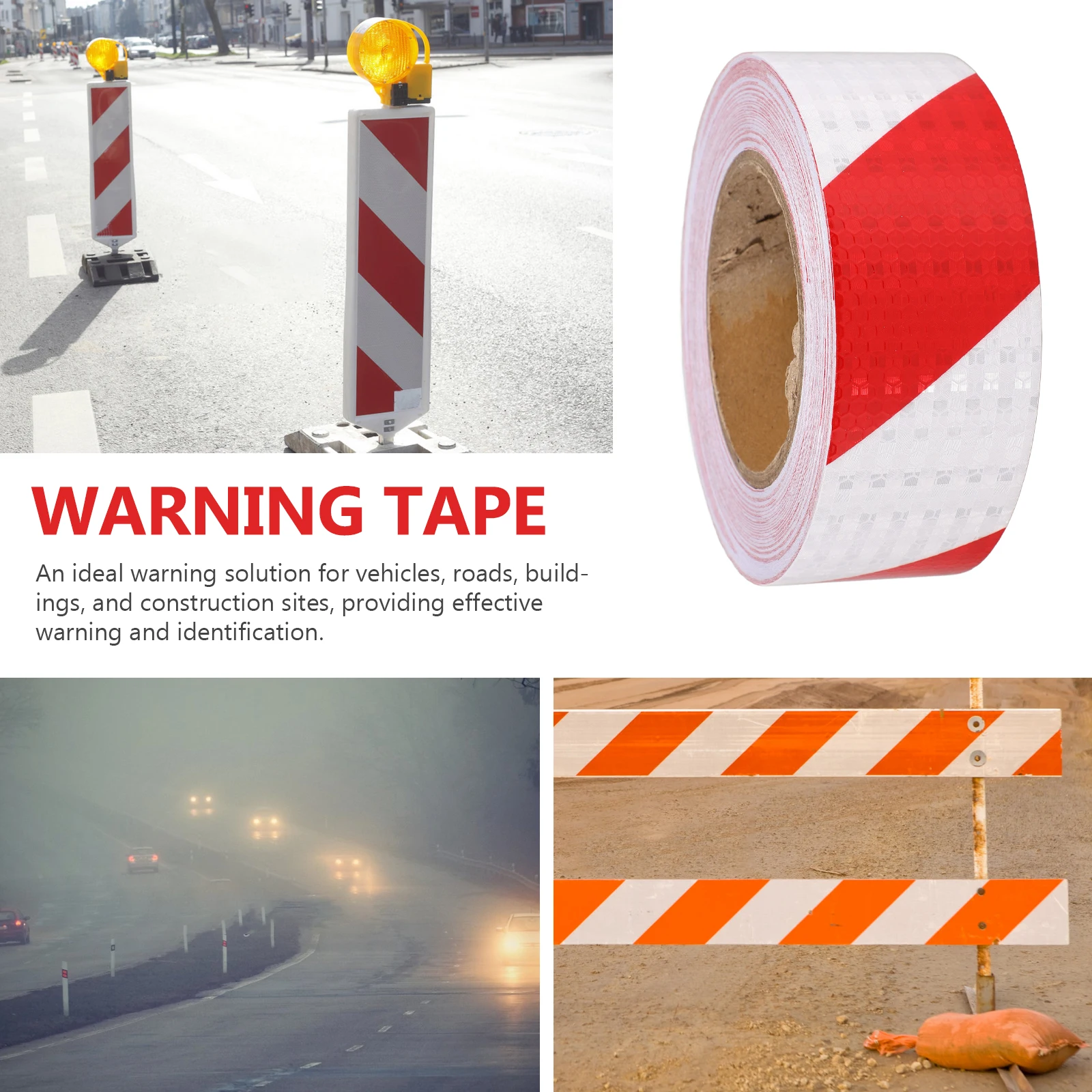 

Reflective Warning Tape 5cmx25m Red White Diagonal Stripes Adhesive Safety Marker Traffic Outdoor Use Caution Post
