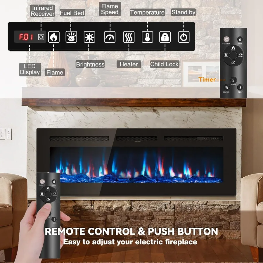 50 inch Electric Fireplace In-Wall Recessed and Wall Mounted with Remote Control 1500/750W Heater 60-99F Thermostat 12 Adjustab