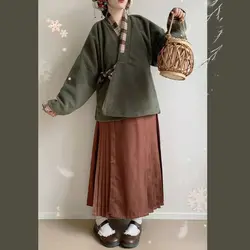 Winter Chinese Traditional Women Dress Red Cross Collared Long Sleeved Fleece Top Brown Brown Horse Faced Skirt Modern Hanfu