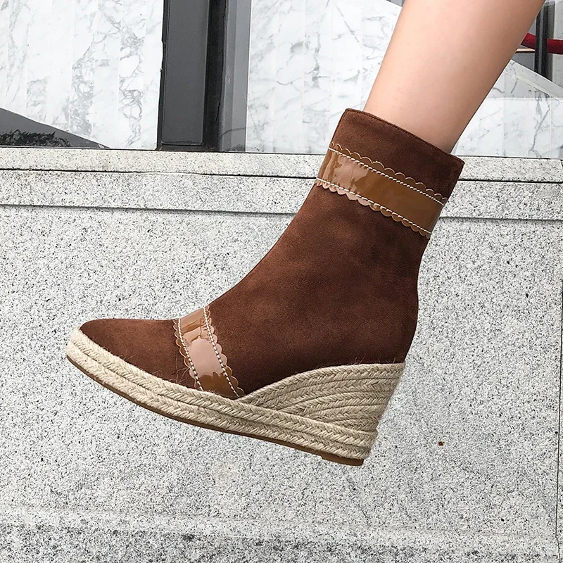 Female High Quality Faux Suede Ankle Boots Women\'s Hemp Rope Straw Platforms Wedges Boots Woman Autumn Fall Shoes Ladies Booties