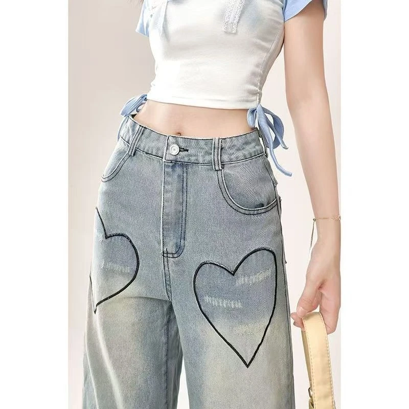Y2k Estetica Harajuku Wash Jeans Chic Casual Stampato Pockcet Bow Pantaloni in denim Pantaloni a vita media larghi vintage a figura intera