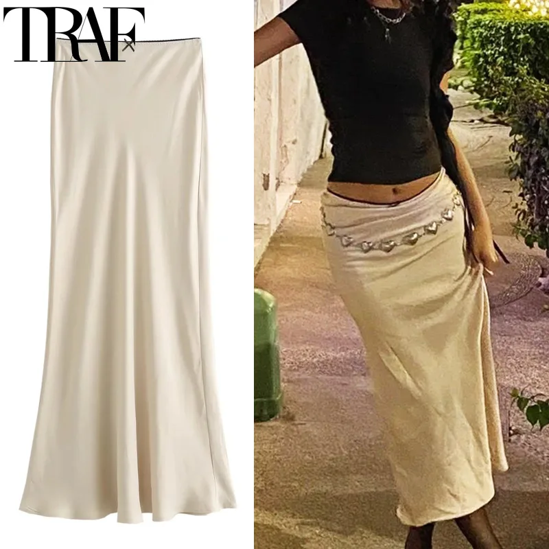 TRAF Women Satin Skirt 2024 Bow High Waist Beige Midi Skirt Summer Stylish Long Skirts For Women Elegant Black Women's Skirt