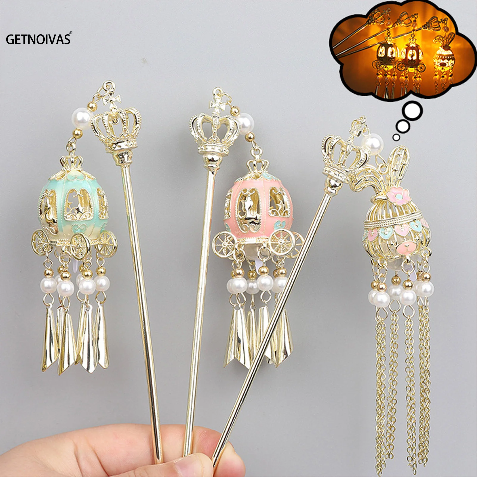 Chinese Lantern Hair Pin Clips Hair Sticks LED Light Hair Accessories for Women Kids Retro Hair Chopsticks Tassel Headpieces
