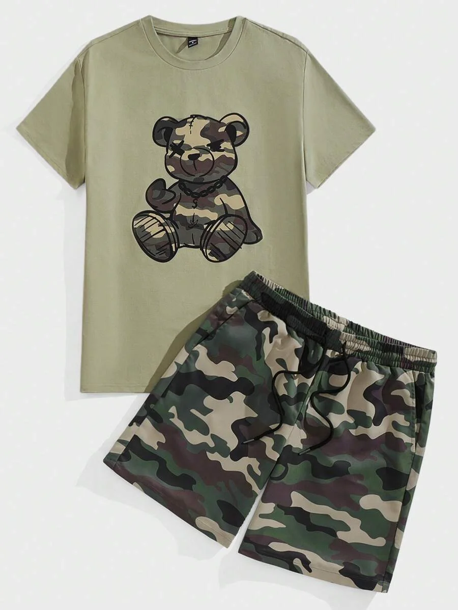 Men's quick drying summer T-shirt fashion camouflage teddy bear print short sleeved top men's loose drawstring pocket shorts