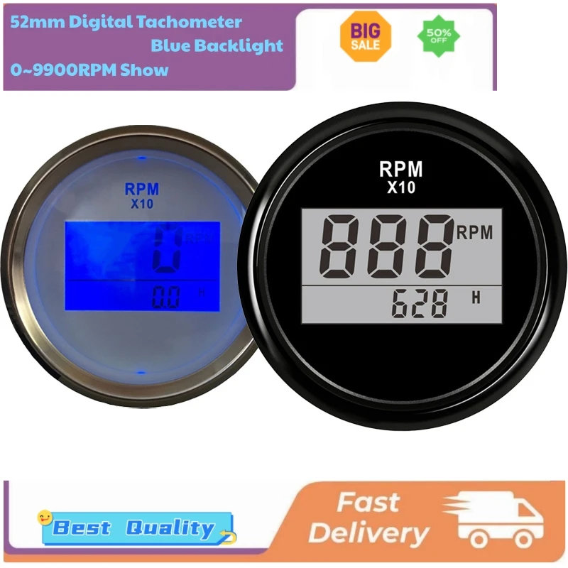 

Digital Tachometers Gauges 52mm 0-9900RPM Display Rev Counters Blue Backlight for Auto Boat Truck Yacht 9-32v Working Voltage
