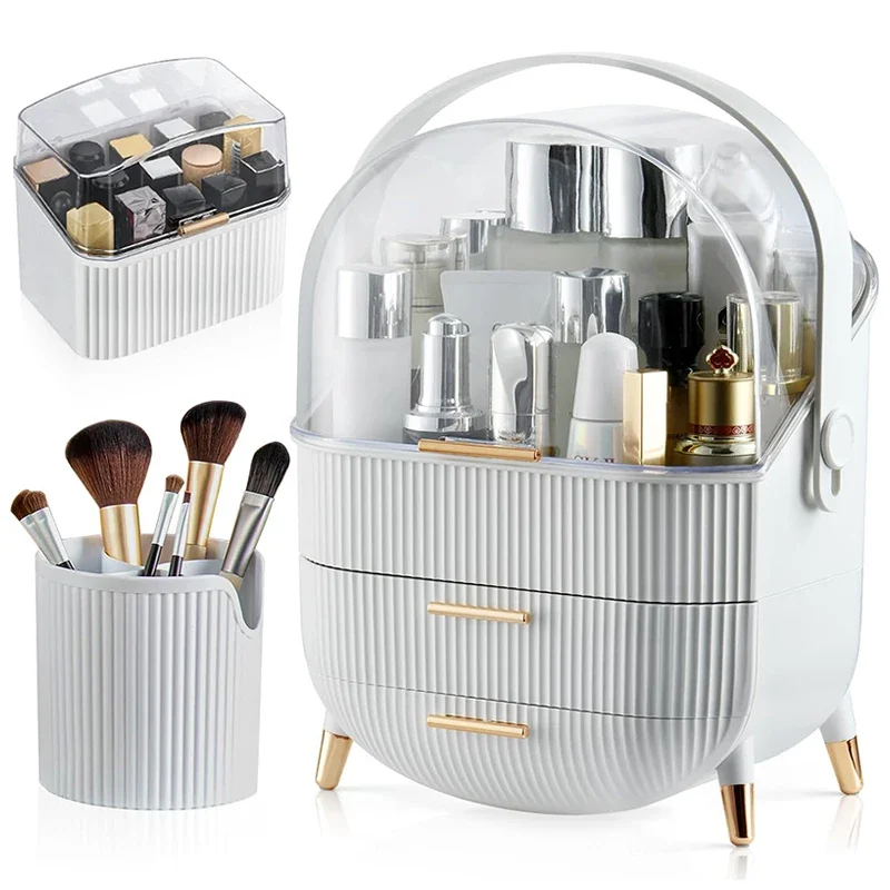 3-piece dresser vanity case portable 2-drawer cosmetic storage box with brush holder lipstick skin