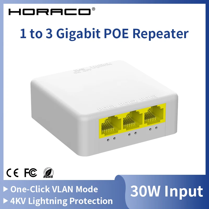 HORACO 4 Port Gigabit POE Extender 1000M Network Switch Repeater IEEE802.3af/at Plug&Play for PoE Switch NVR IP Camera AP