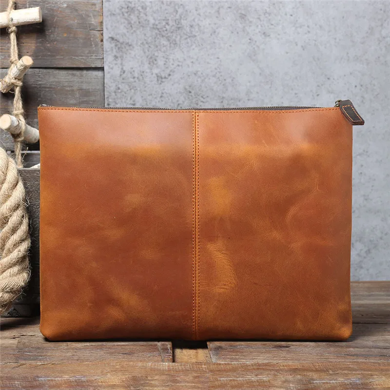 Pochette da uomo vintage in vera pelle di grande capacità, semplice borsa per documenti A4 per laptop da lavoro fatta a mano in vera pelle di vacchetta naturale