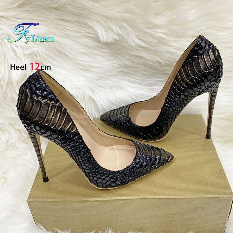 Snake Print Emboss 8CM 10CM 12CM Pointed Toe High Heels Women Single Shoes Stiletto Fashion Party Shoes For Ladies Black Pumps