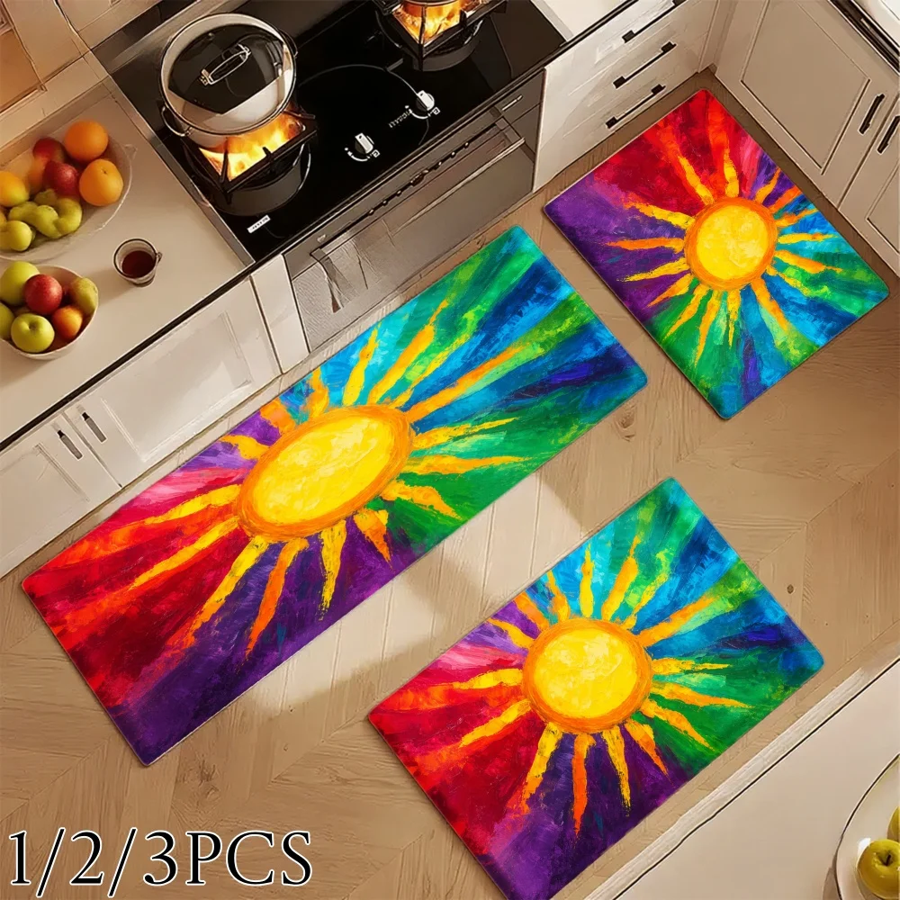 3PCS Kitchen Rugs,Home Decoration for Front Door,Kitchen,Bathroom,Sunburst Rainbow Colorful Artistic Design Pattern Dining Mat