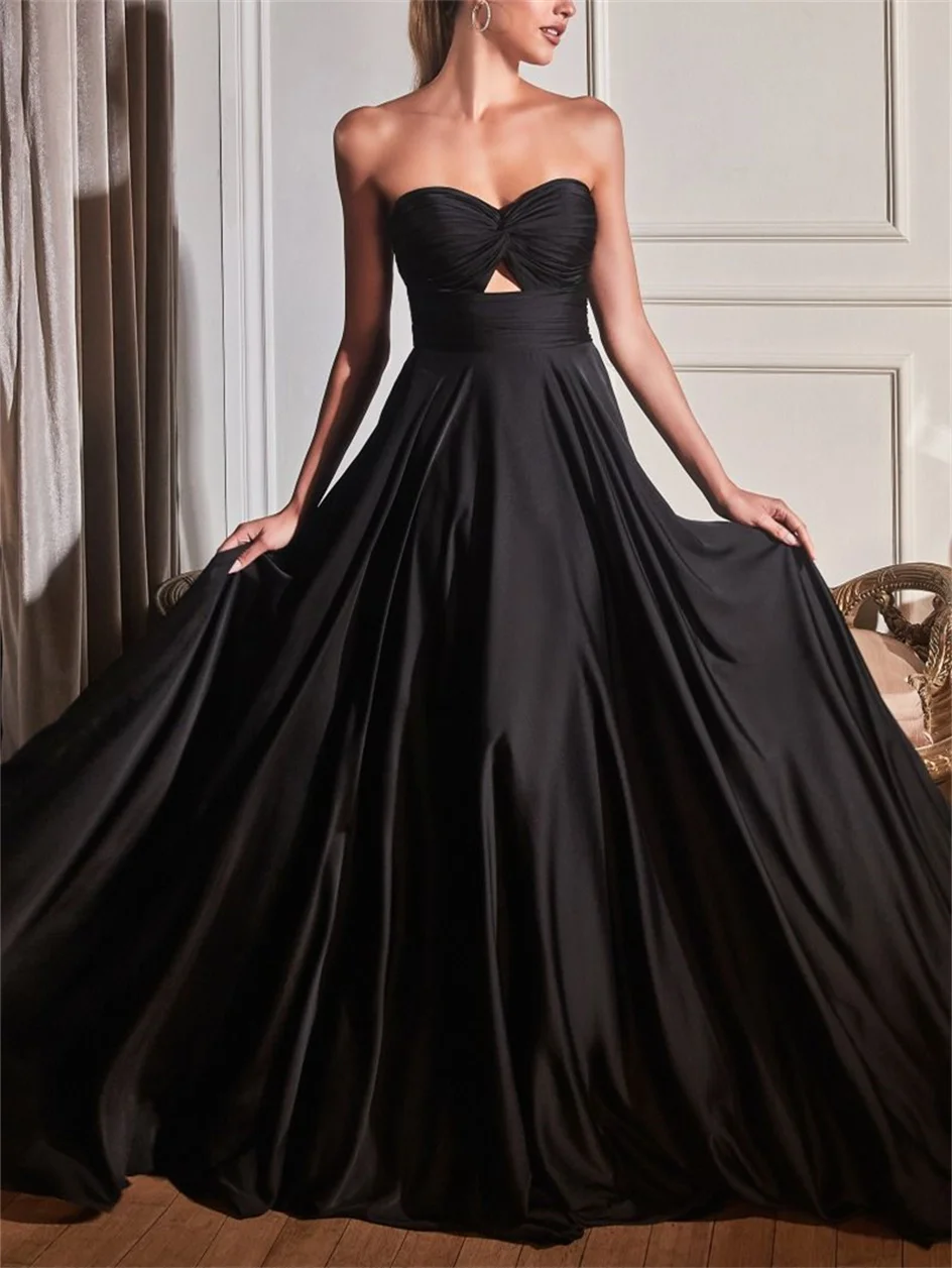 Elegant Simple A-line Satin Eveninig Dress Strapless Sleeveless Floor-Length Reunion Wedding Party Guest Ball Gowns vestido