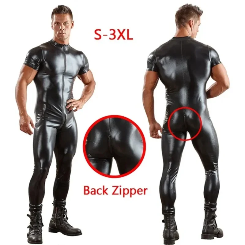 Latex Men Wet look Catsuit Faux Leather Mesh Jumpsuits Black Tight PVC Bodysuit Sexy Clubwear Men Lace Lingerie Fetish Body Suit