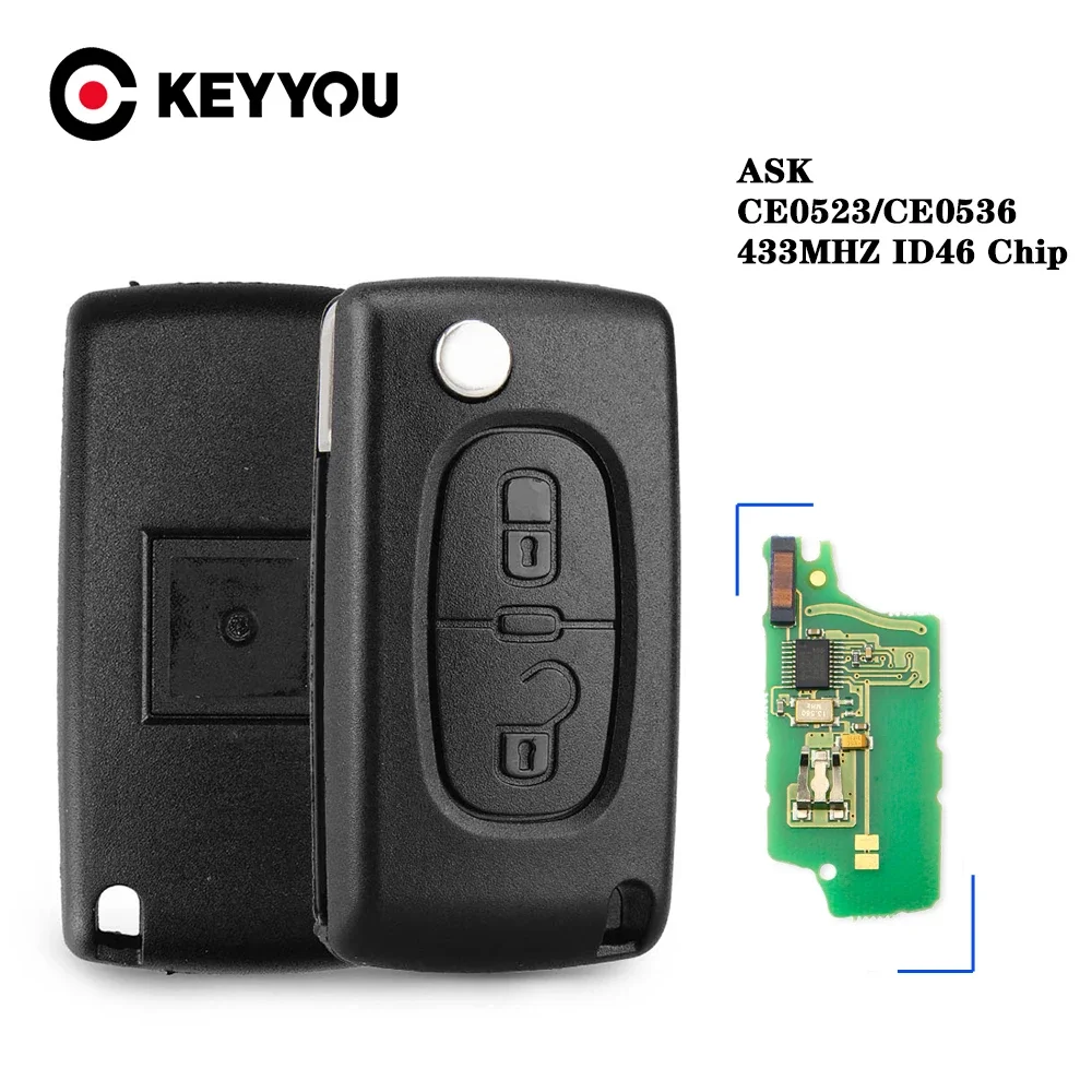 KEYYOU 434Mhz ASK FSK 2 Button Remote Flip Car Key Fob ID46 Chip For Peugeot 107 207 307 308 407 607 CE0523 Ce0536 VA2/HCA Blade