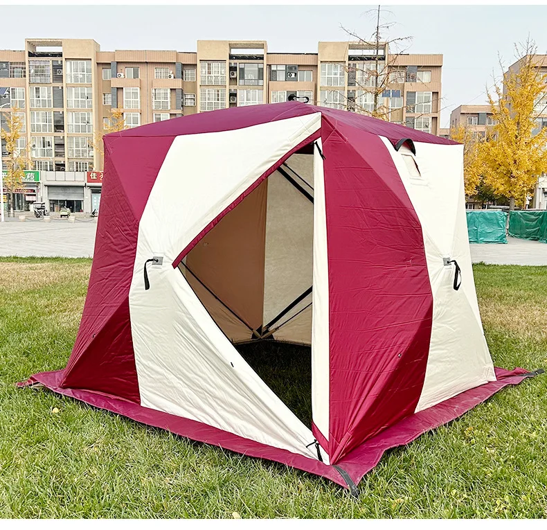 2.4x2.4x1.8m Weatherproof Insulation Winter Ice Fishing Cube Pop Up Tent Transparent Skylight Sauna Tent with Chimney Hole
