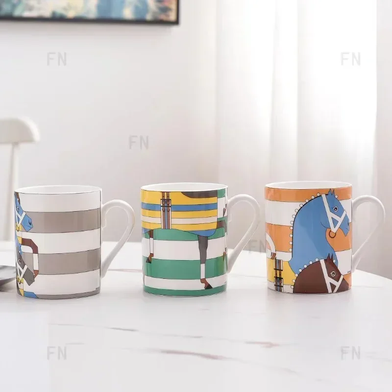 

European-Style New Ceramic Mug Set, Horse Racing Battle Steed Design with Handle, 3PCS Set Coffee Cups Water Cup for Office Home