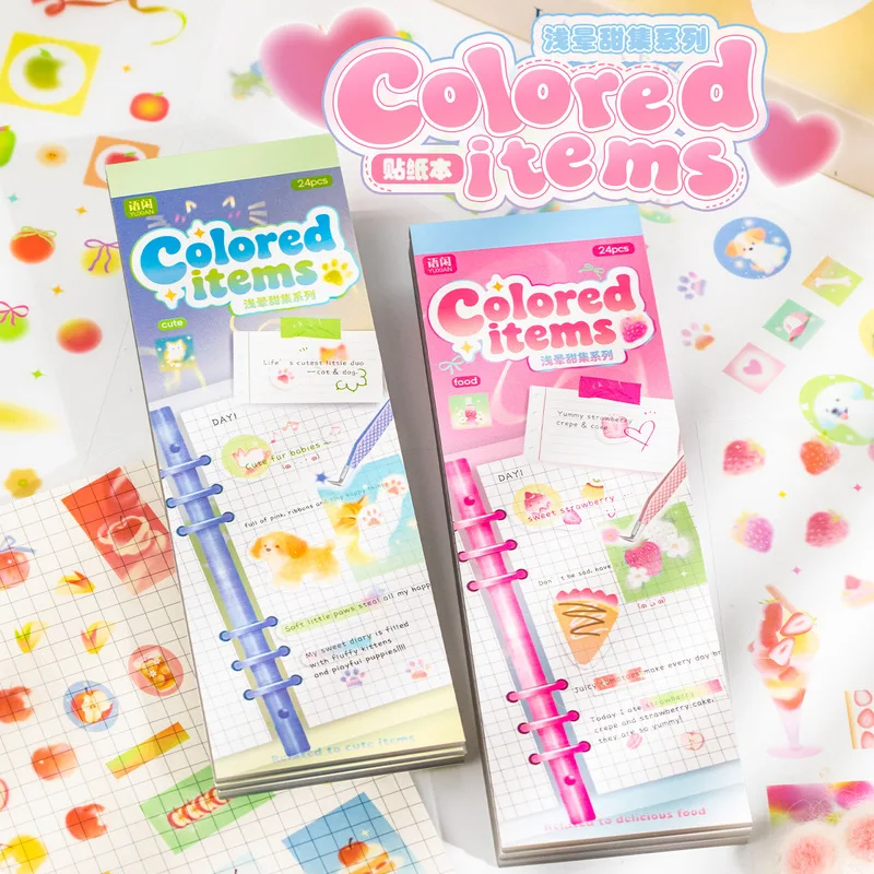 24 Sheets Kawaii Sweet PET Sticker Book, Colorful Snacks Pet Transparent Decals for Scrapbook Journal DIY Stationery Supplies