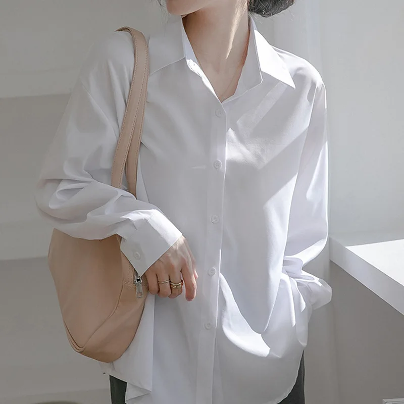 Spring Summer New White All-match Youth Loose Blouse Solid Polo Neck Long Sleeve Trend Shirt Tops Fashion Korean Women Clothing