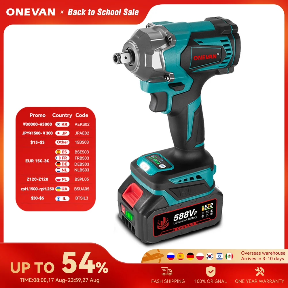 ONEVAN 1200N.M Avvitatore elettrico senza spazzole 1/2 pollici Avvitatore elettrico a batteria Chiave utensile elettrico per batteria 21V 18V