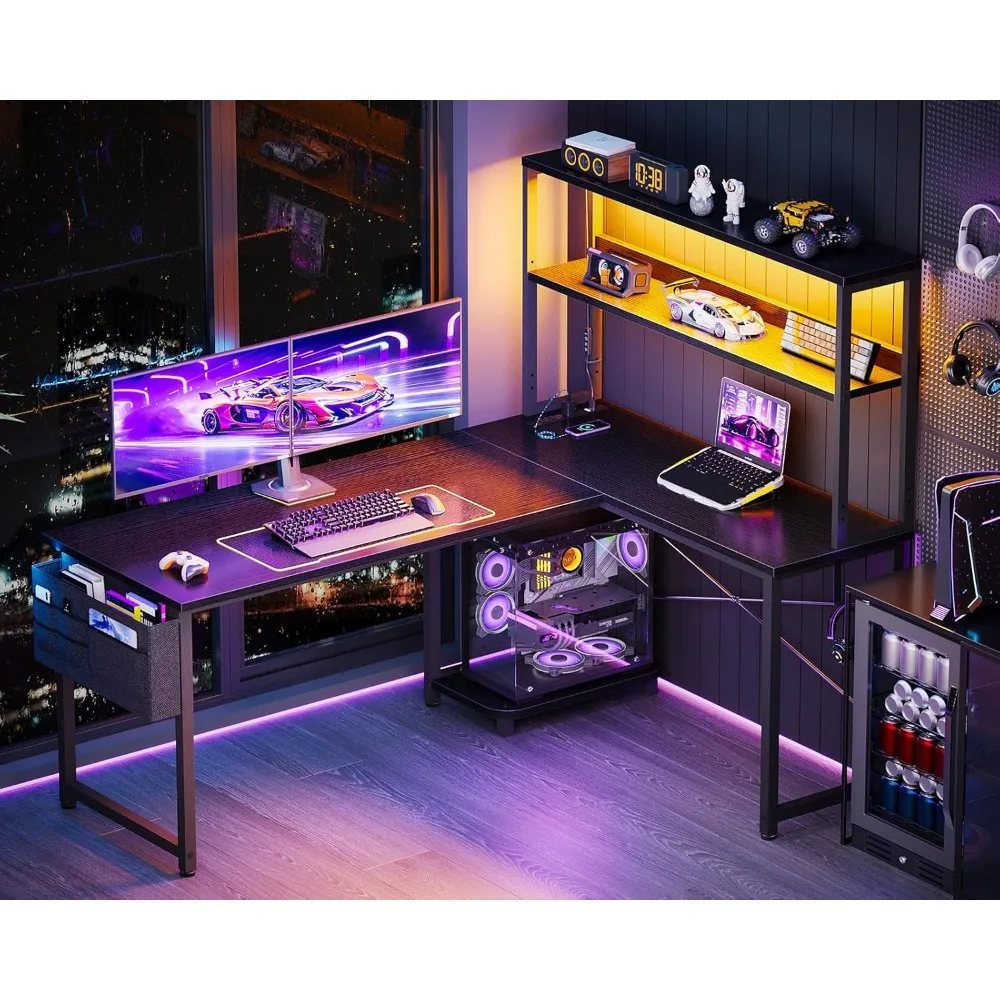 مكتب ألعاب على شكل حرف L مقاس 53 بوصة مع أضواء LED ومنافذ طاقة وأرفف تخزين وخطاف للمكتب المنزلي، أسود