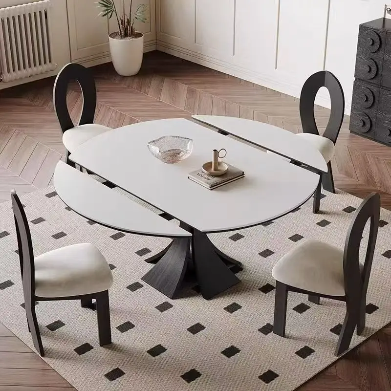 &c Nordic Modern Extendable Dining Table Convertible Round Oval Sturdy White Rock Plate Top with Base Home Dining Room Furniture