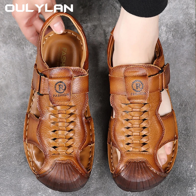 Men's Slippers Dual-purpose High-end Sandals Leather Soft Sole Beach Shoes for Men Outdoor Casual Breathable Man Driving Sandals