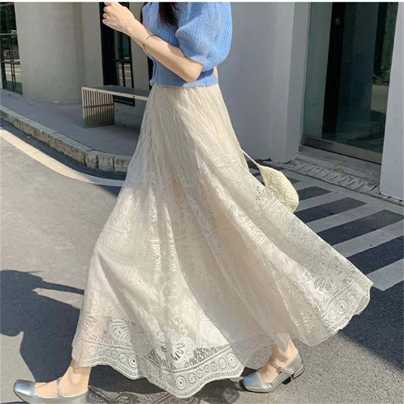 

Весенняя длинная юбка с вышивкой и сеткой, женская, с эластичной высокой талией, ажурная, кружевная, А-силуэт, с широким подолом, фасон «зонтик»