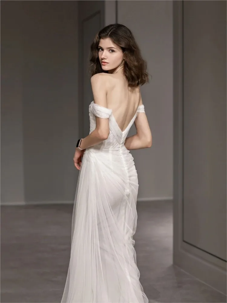 Slit design white gauze pleated toasting lawn banquet dress