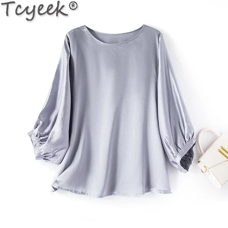 Tcyeek 100% Mulberry Silk T-shirts for Women 2024 Black Top Elegant Female Blouses Summer Clothes Ladies Tops Casual Топ Женский