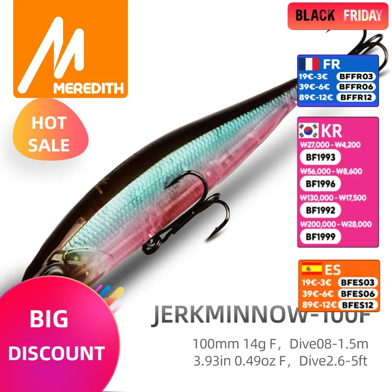 MEREDITH JERK MINNOW 100F 14g  Floating Wobbler Fishing Lure 24Color Minnow Lure Hard Bait Quality Professional Depth0.8-1.0m