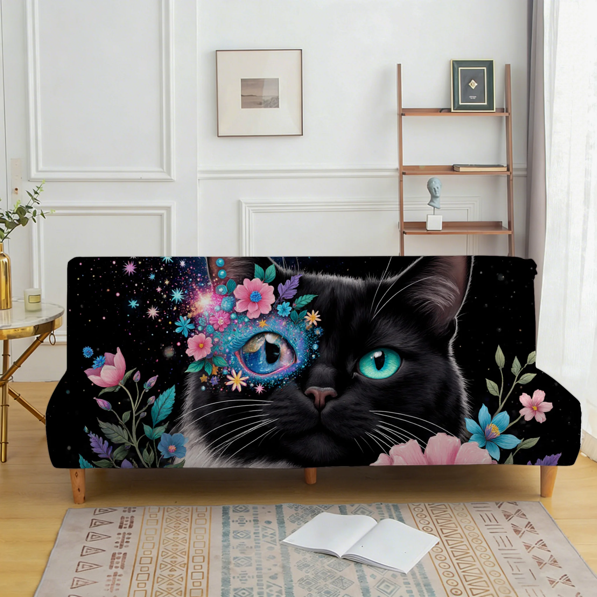 Dream flower black cat sofa bed cover, armless elastic sofa cover, dust-proof and non-slip furniture protective cover