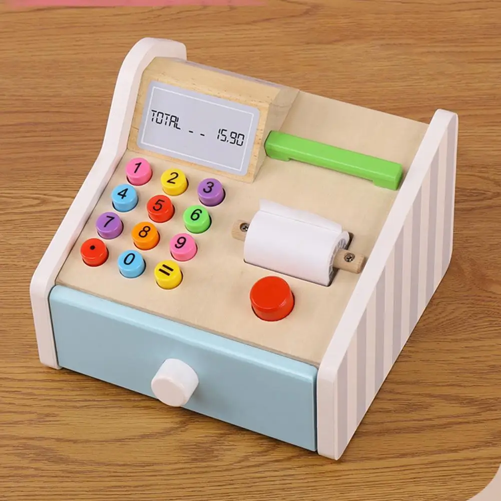 

Wooden Marketing Shopping Cash Register Toy Set With Credit Card Simulation ATMs Model Machine Supermarket Cashier Register Toy