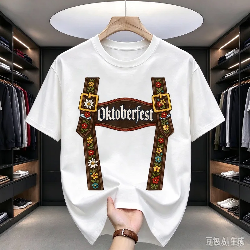 Oktoberfest Lederhosen Suspenders Graphic T-Shirt Men Modal Short Sleeve Beer Festival Casual Party Top German Folk Costume Gift